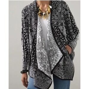 Chicos Black White Paisley Bandana Print Open Front Cardigan Sweater Size 2‎